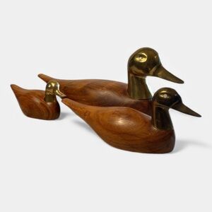 Vintage Wood & Brass Duck Trio Hand-Carved Decorative Figurines Made in India
